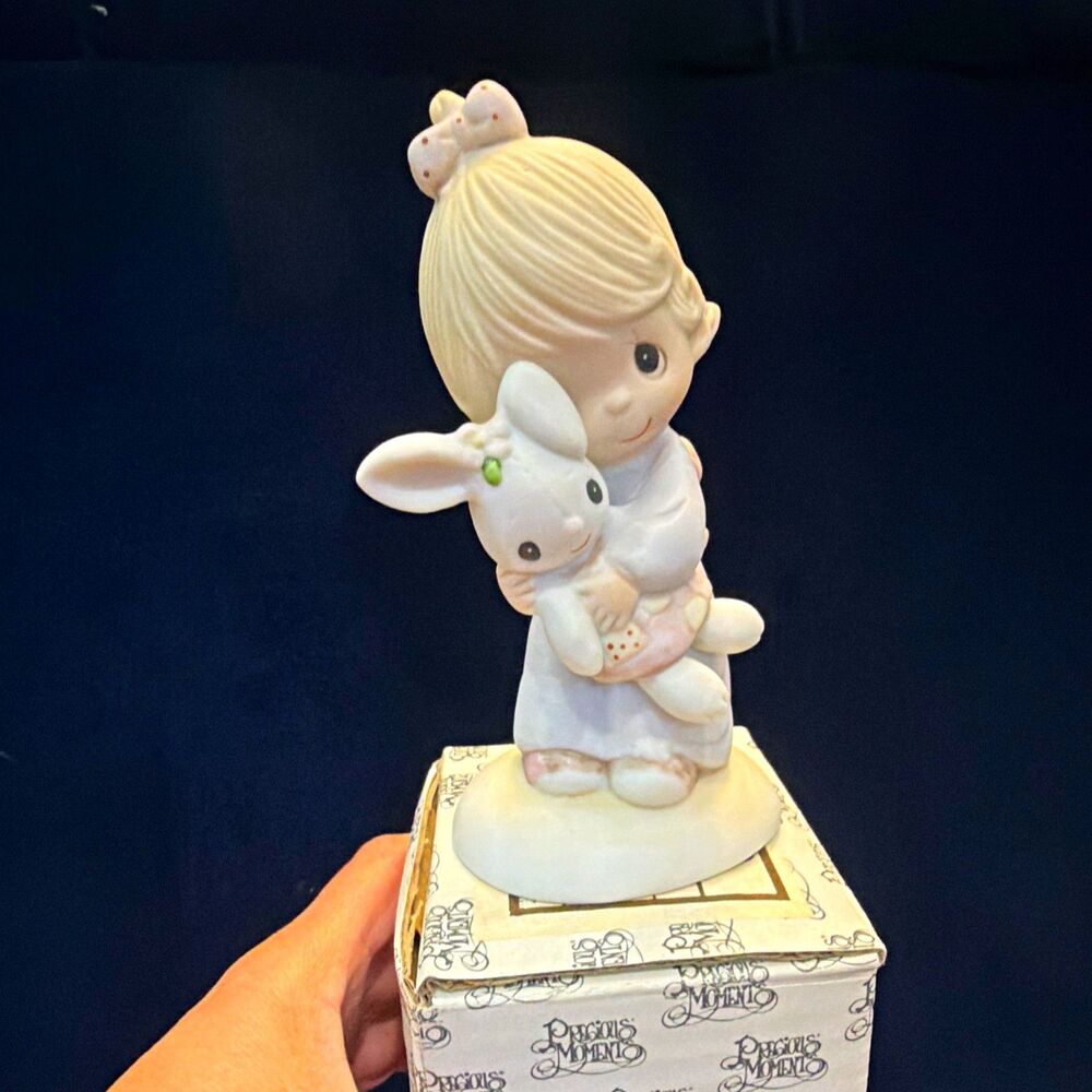 Enesco Jonathan & David "Jesus Loves Me" Porcelain Girl with Bunny Figurine 1977